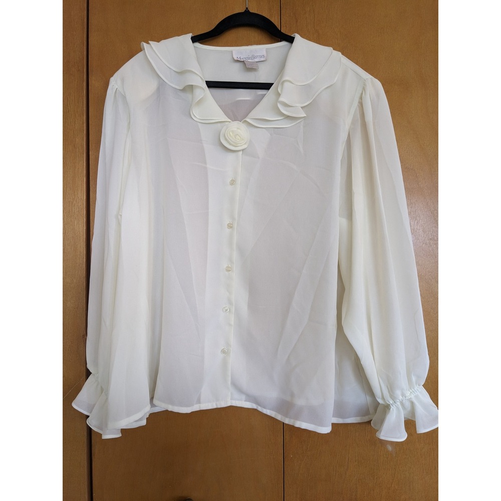 Vintage 80s 90s Maggie Barnes Ruffle Secretary Blouse Cream White 24W Deadstock